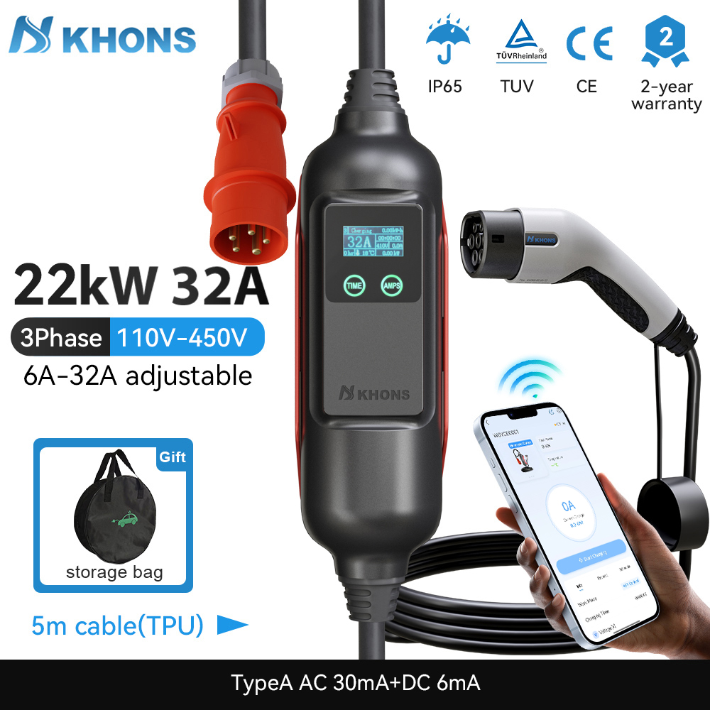 Khons شاحن EV محمول Type2 32A  - مراجعة Portable Ev Charger 32A Type 2 Cee Plug وسعره