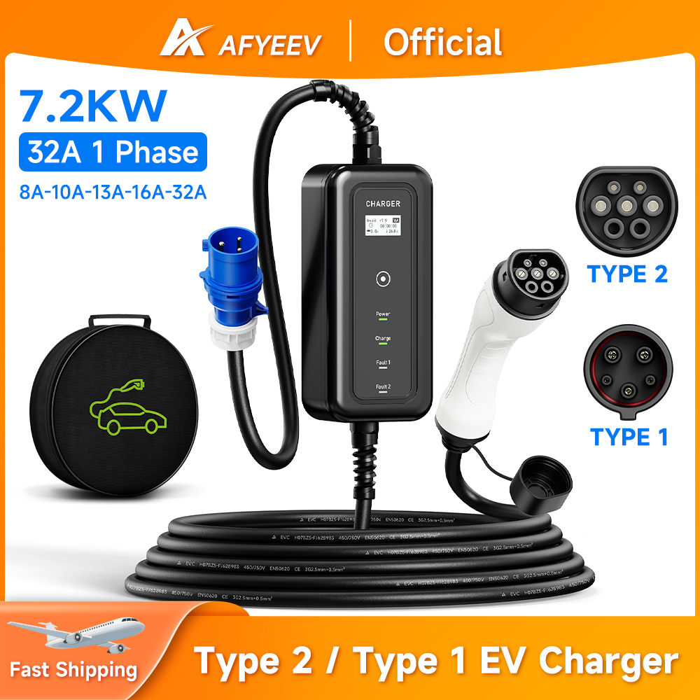 شاحن EV محمول من AFYEEV ، صندو - مراجعة Portable Ev Charger 32A Type 2 Cee Plug وسعره